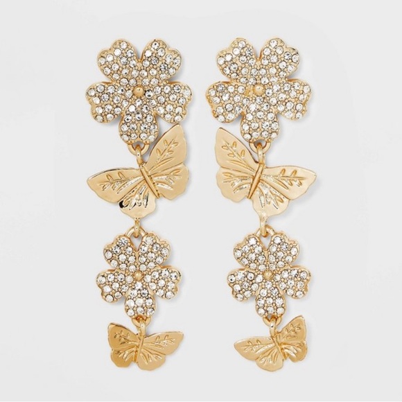 NWT SUGARFIX by BaubleBar gold & crystal butterfly statement dangle earrings - Picture 1 of 4